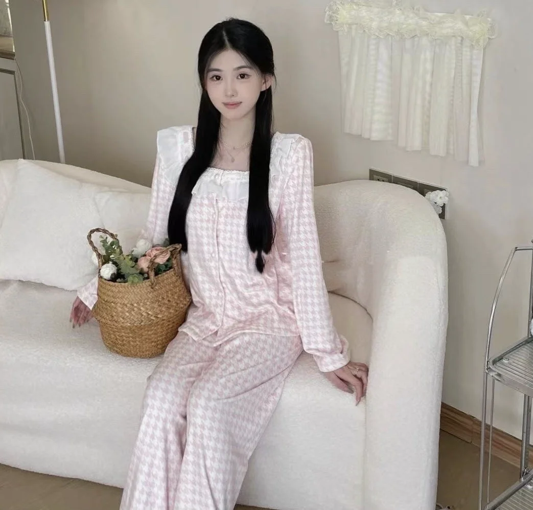 Autumn Winter Pure Desire Style New Thousand Bird Grid Sweet Double sided Velvet Super Soft Island Velvet Home Clothes Sleepwear