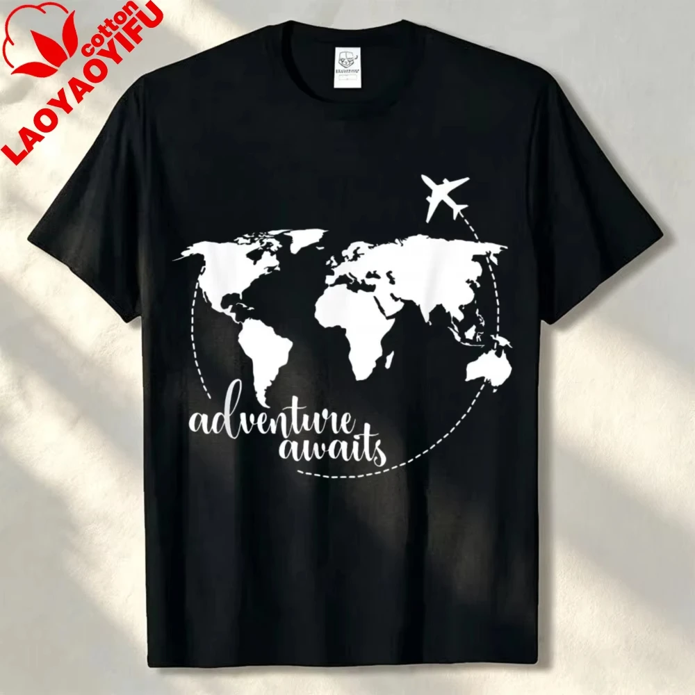 Adventure Awaits World Map Airplane Wanderlust Travel Lover Hiker Casual Cotton Unisex Short Sleeve Shirt Gift Graphic T Shirts