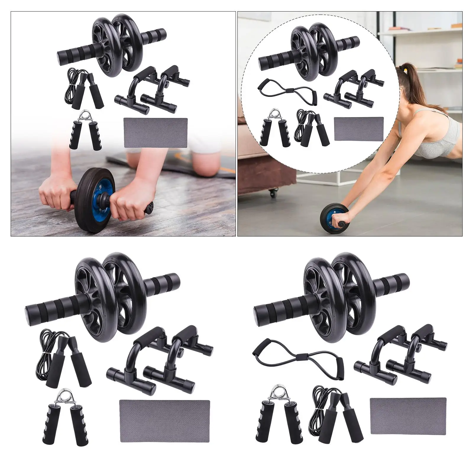 Ab Exercise Wheels with Resistance Bands, Knee Mat, Jump Rope, Push Up Bar, Home