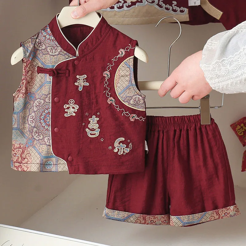 

Summer Toddlers Boys Clothing Chinese New Year Birthday Embroidery Red Sleeveless Baby Tops+Shorts Kids' Sets And Outfits B297