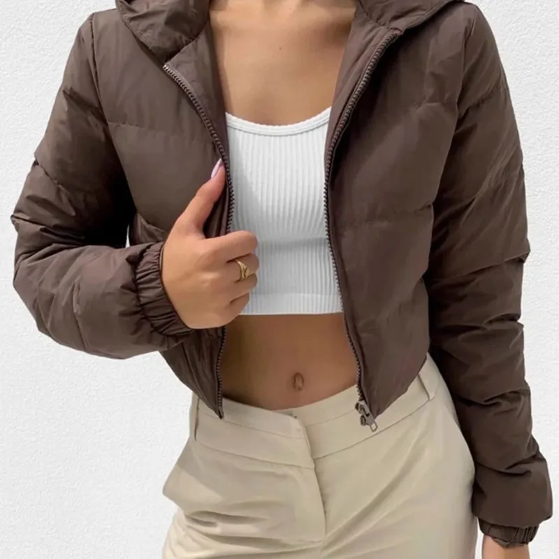

Fashionable hooded zipper long sleeve solid color short jacket cotton clothing autumn and winter women's temperament warm coat