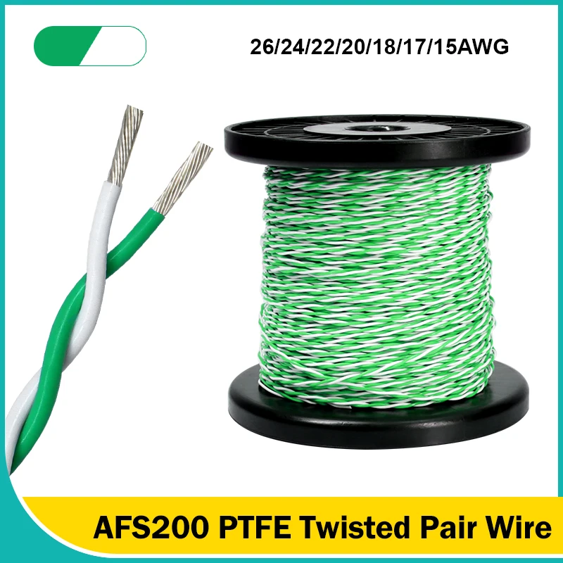 

White Green AFS200 PTFE Twisted Pair Wire 26/24/22/20/18/17/15/13AWG FEP 2pins High Temperature Electronic Signal Copper Cable