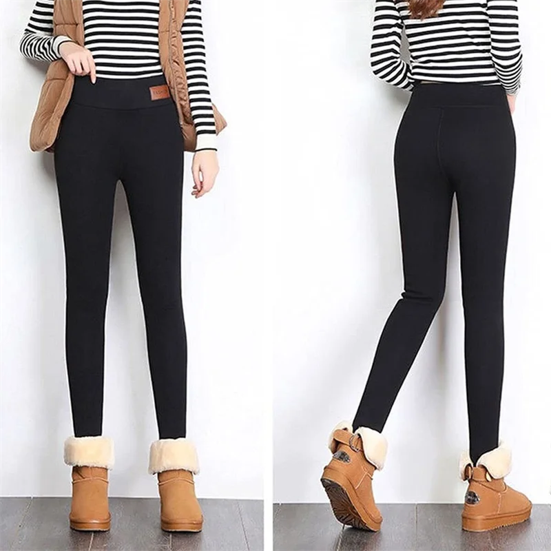 Legging wanita, legging ketat termal melar nyaman polos hangat beludru pinggang tinggi Dalaman bulu musim dingin S-5XL