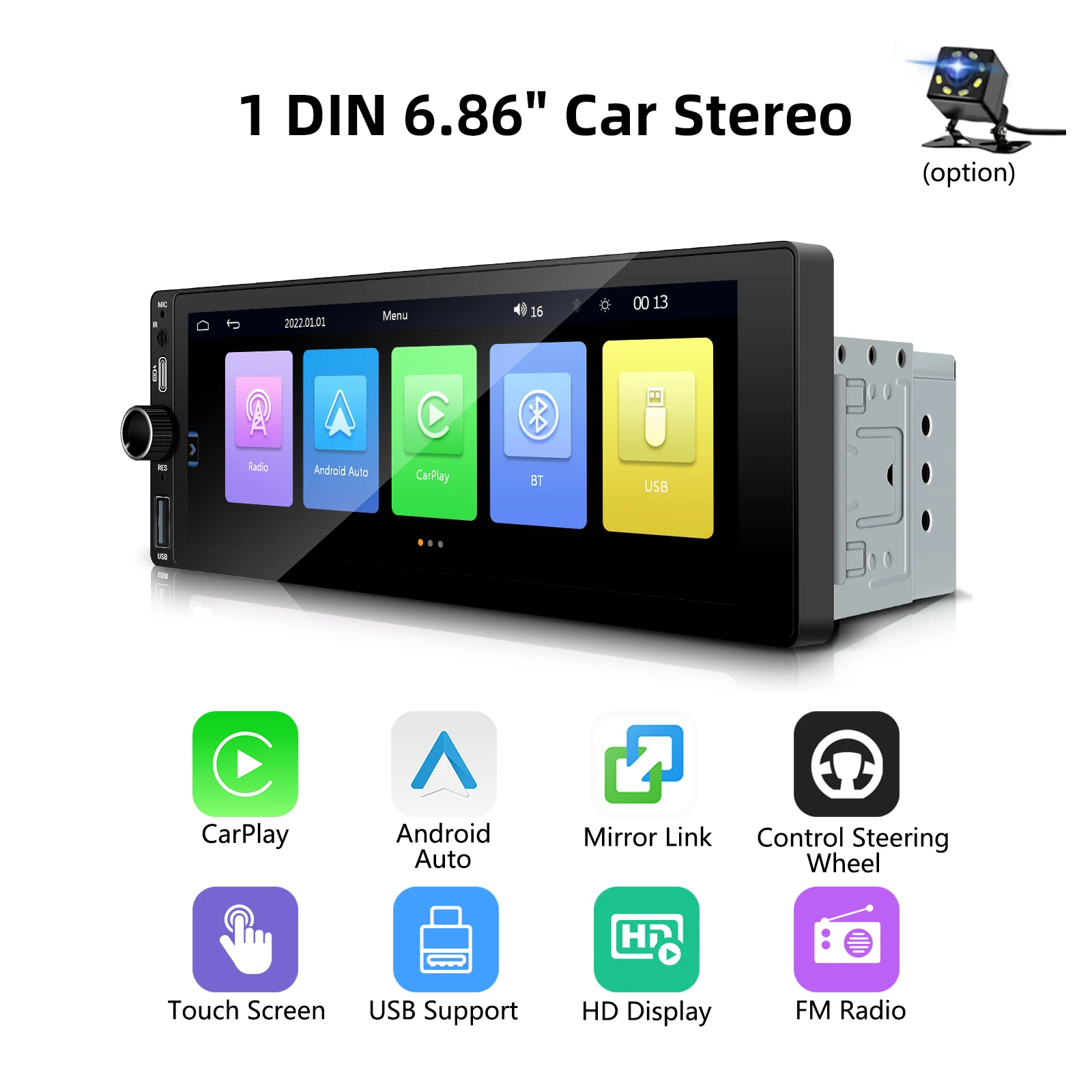 

Универсальная автомобильная магнитола 1 DIN с 6,86-дюймовым HD-сенсорным экраном, беспроводным CarPlay, Android Auto, Bluetooth, FM-радио и быстрой зарядкой Type-C