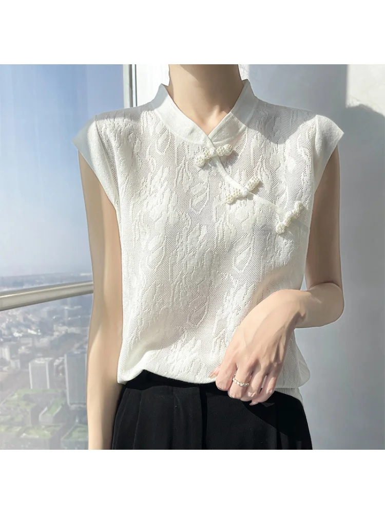 New Chinese Style Vertical Collar Button Worsted Wool Knitted Short-sleeved Women's Mulberry Silk Summer Hollow Thin T-shirt