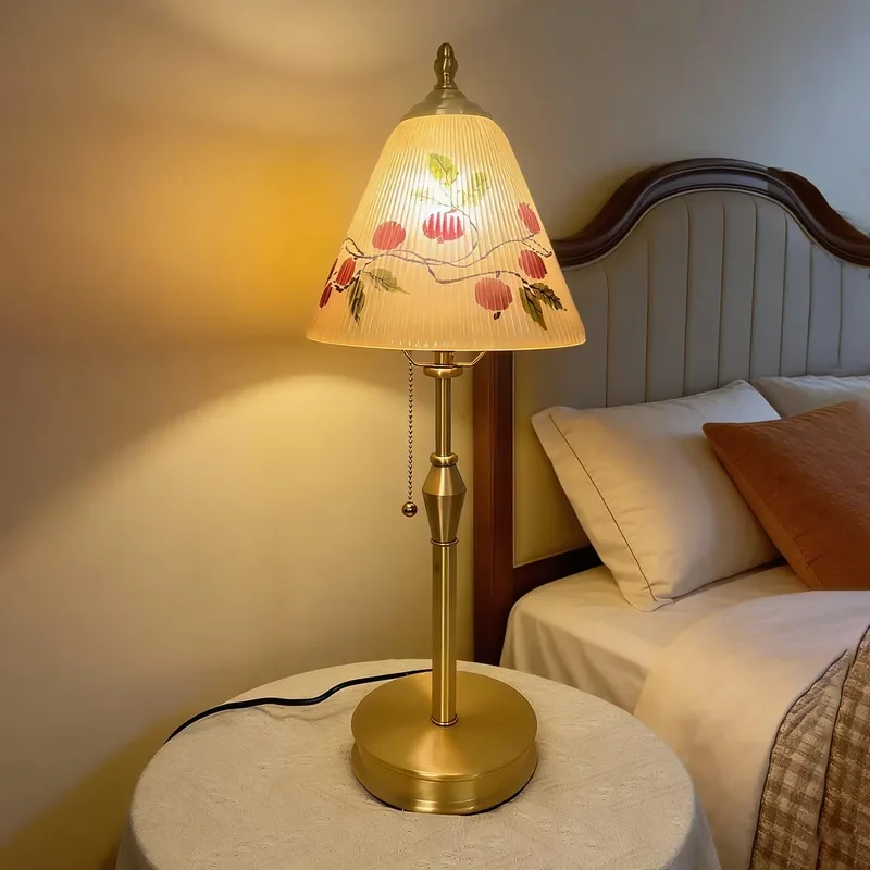 Medieval Style Pure Copper Hand Painted Glass Desk Lamp Luxury Retro Bedside Light for Bedroom Living Room Advanced Sense