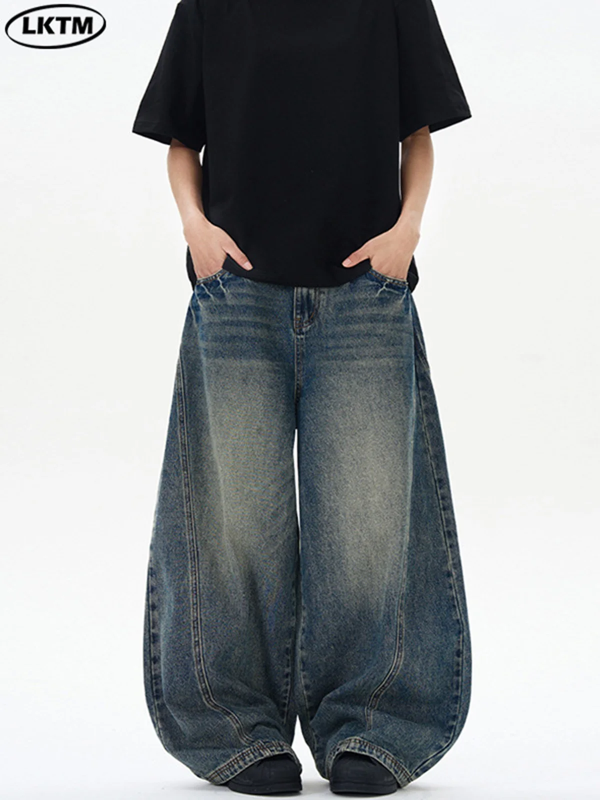 

Spring New Men's Jeans Oversized Wide Leg Pants Loose Vintage Patchwork Lightning Cracked Denim Trousers 2026 Streetwear Male
