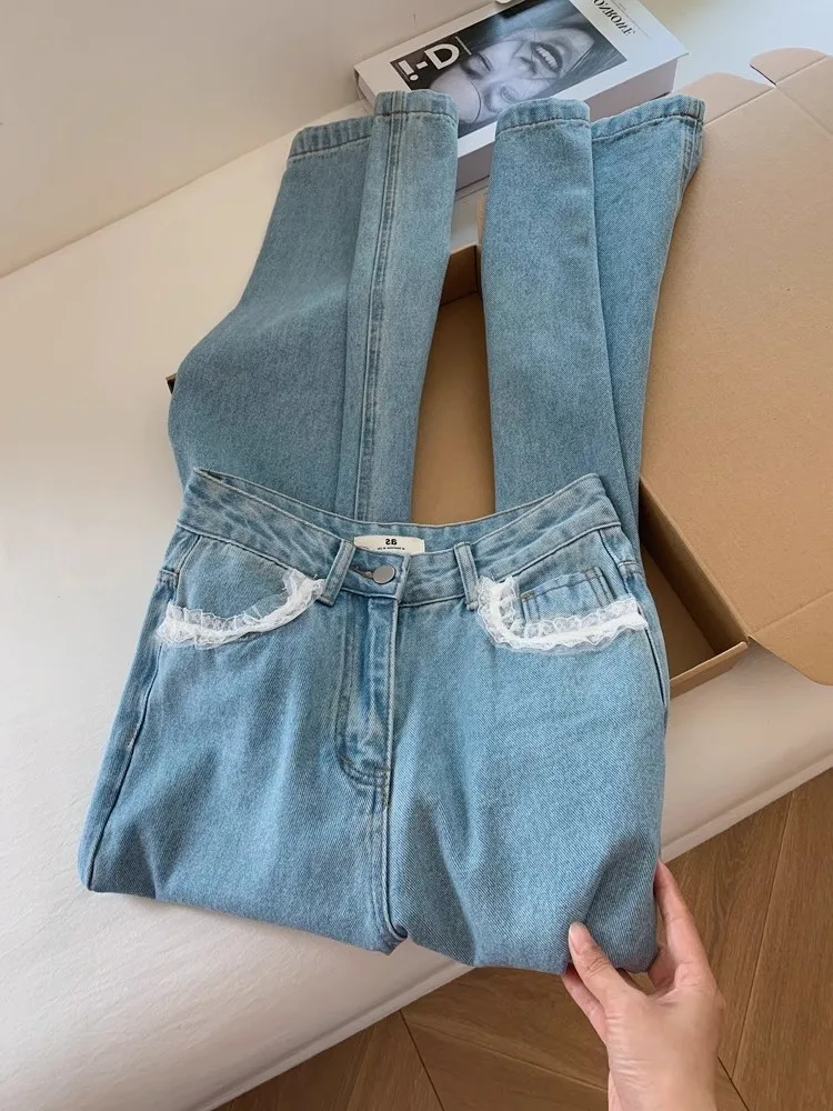 

Джинсы с карманами в стиле ретро и кружевной отделкой, универсальные прямые брюки с высокой талией для женщин, повседневные осенние широкие брюки высокого качества