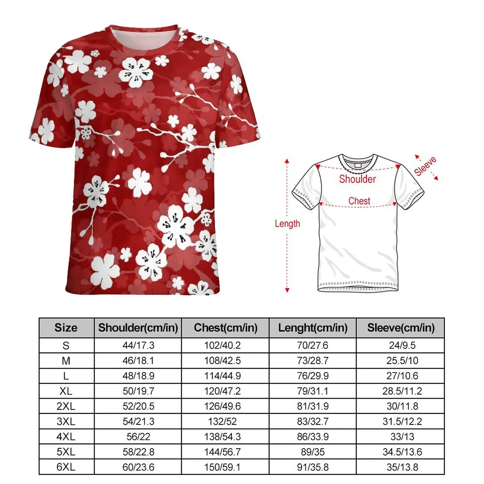 Red And White Floral T Shirt Cherry Blossom Vintage T-Shirts Couple Aesthetic Tshirt Summer Short Sleeve Graphic Tops Big Size