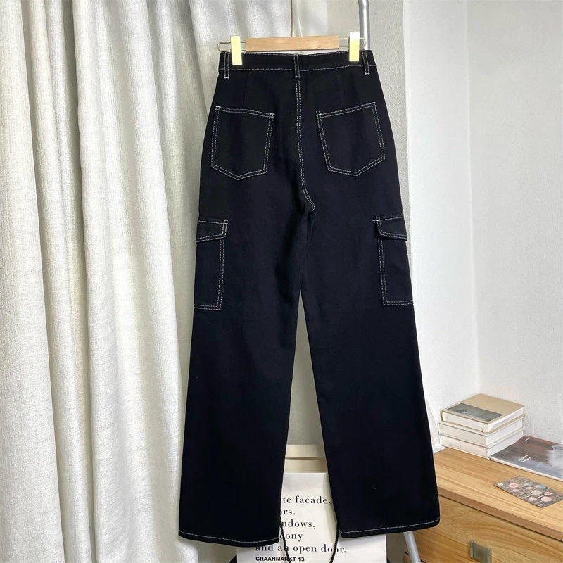 Retro Street Sle American High Waist Loose Fit Straight Leg Bla Waed Denim Jeans with Multiple kets for Women