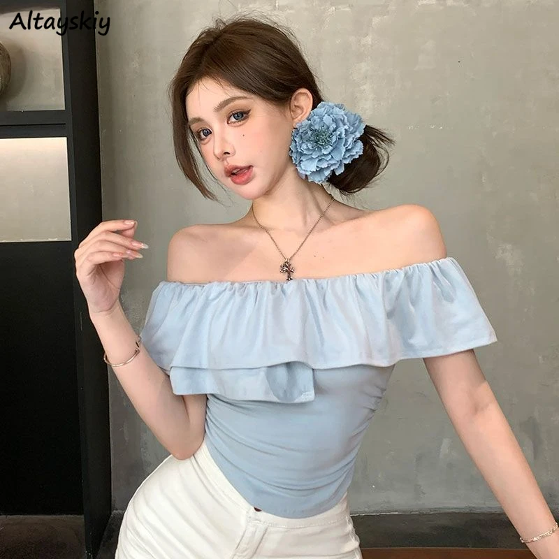 Slash cou T-shirts femmes doux froncé volants pli moulante Sexy Style français été Simple mince hauts tendre à la mode t-shirt élégant