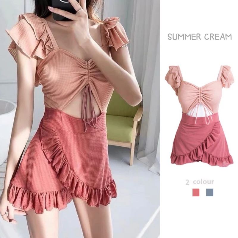 Ins Style Sweet Cute Ruffles Drawstring Swimsuit Vacation Korea Fashions Aesthetics One Piece Suits Onsen Swimwear Compact Bras