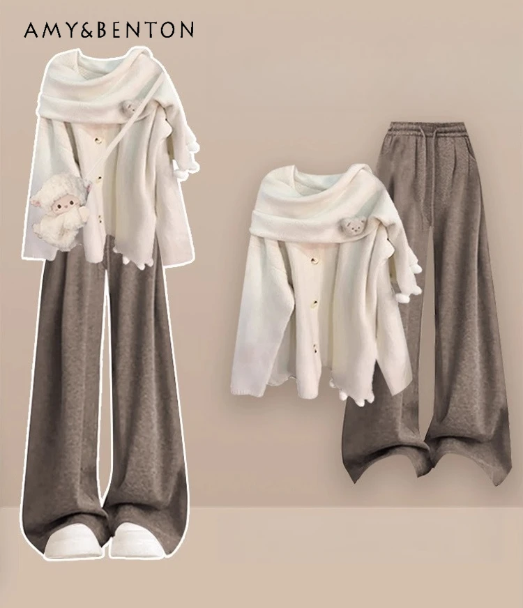 

2025 Spring and Autumn New Korean Style Off-White Shawl Design Sweater Coffee Plaid Long Pants Apricot Skirt Pants Set