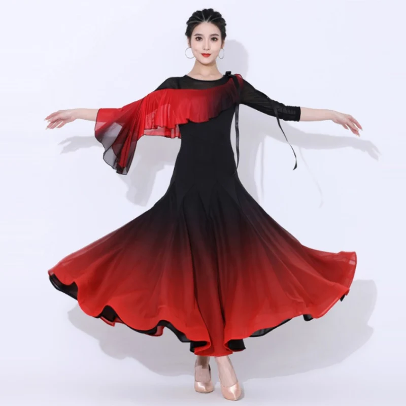 

Adult Women Waltz Ballroom Dancing Dress Red Gradient Competition Costume Tango Dance Performance Wear Mdern Dancewear DL10793