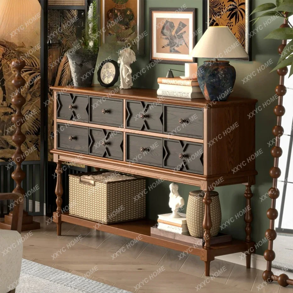 Solid Wood Entryway Cabinet Vintage  Living Room Hallway Mid Century Modern Console Table