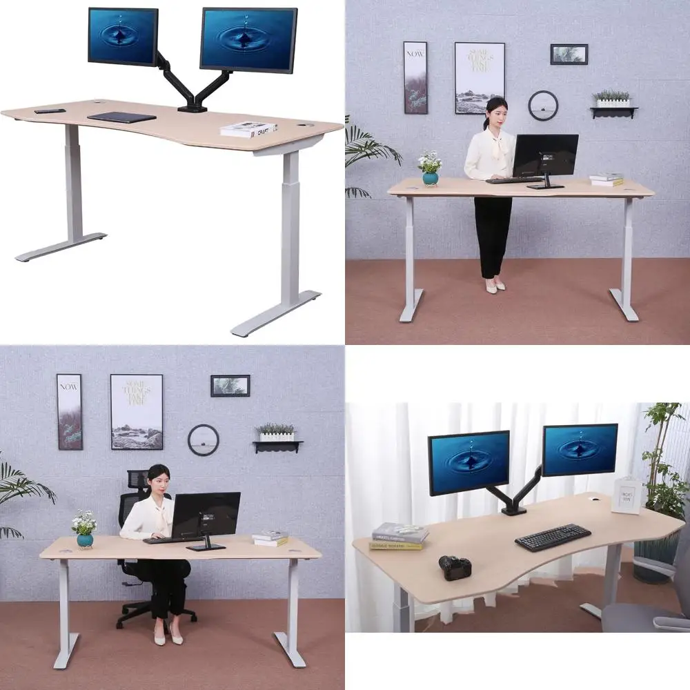 Electric Height Adjustable Desk 60 x 27, Sit-Stand Home Office Computer Desk, Curved Corner Design for Comfortable Work Environm