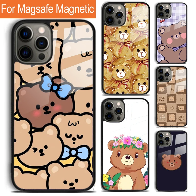 

Коричневый мультяшный милый медведь чехол для телефона iPhone 16 15 14 13 12 11 Pro Max Plus Magsafe Магнитный чехол с беспроводной зарядкой