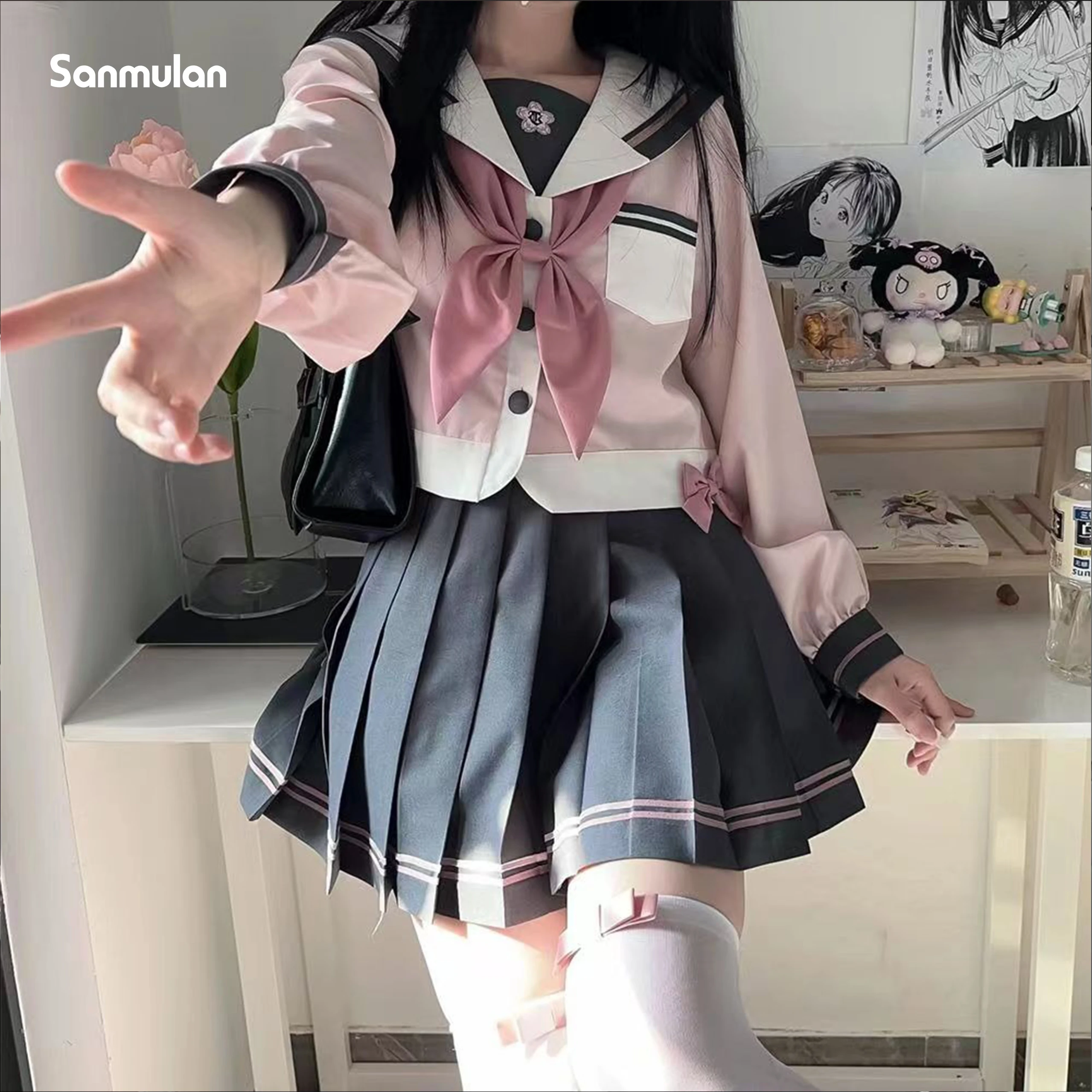 

JK Short Skirt Suit Girls Pink Grey Long Sleeve Navy Collar Bow Collegiate Style Sailor Clothes Goldfish Bow Tie Kawaii Sweet