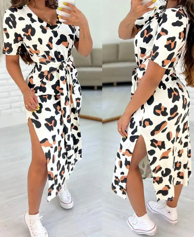 

Women Casual Dress 2024 Summer Autumn Latest Round Neck Leopard Print Tied Detail Slit Maxi Dress Short Sleeve Daily Long Skirt