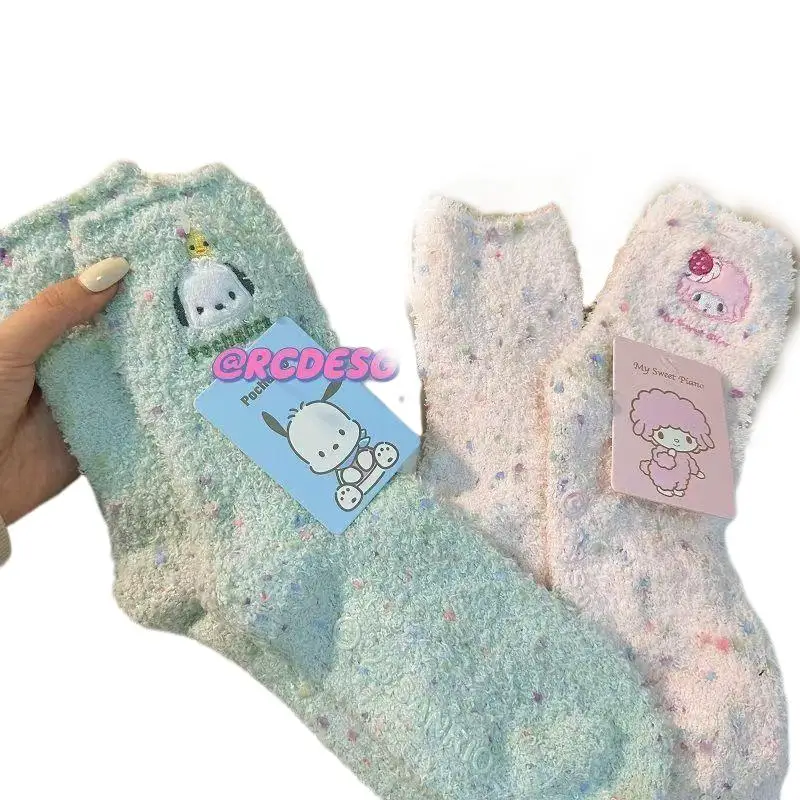 5Pcs Sanrio My Melody Embroidery Coral Fleece Girl Piles of Socks Kawaii Kuromi Cartoon Cute Sleep Floor Thickened Socks Fashion