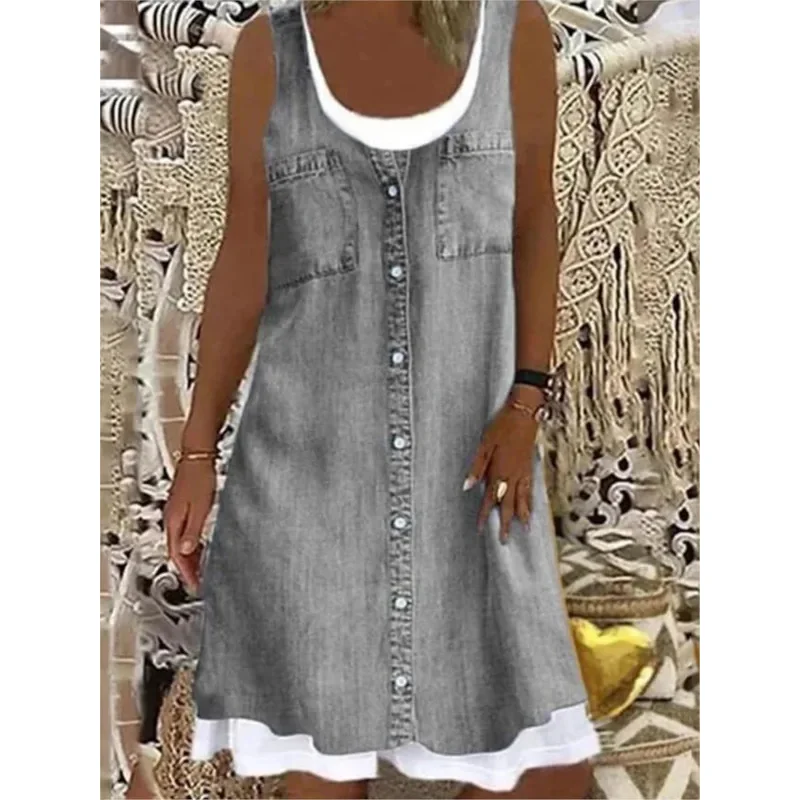 Новинка 2023 года для женщин, летнее платье без рукавов с искусственным принтом, свободные повседневные платья из двух предметов, женские праздничные платья с круглым вырезом, PartBear House 002