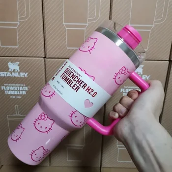 40Oz Hello Kitty stainless steel insulated mug pink handle straw mugs large capacity thermos drinks coke coffee mug