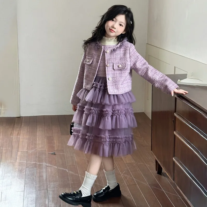 

Girls Clothing Long Sleeve Spring Autumn Purple Fluffy Dress Fashion Mesh Princess Birthday Party Dresses for Kids Sweet