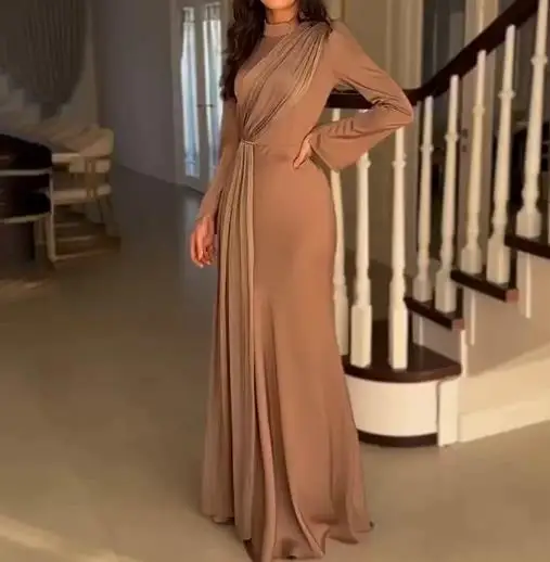 

Autumn French Fashion Elegant Round Neck Dress for Women with Elegant Wrinkle Splicing Design A-Line Long Sleeve Dress