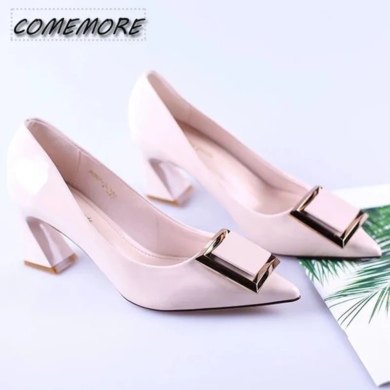 Women\'s Shoes Elegant High Heels Pink Leather Pointed Toe Luxury Pumps Fashion 2024 Trend Square Buckle OL Office Casual Shoes