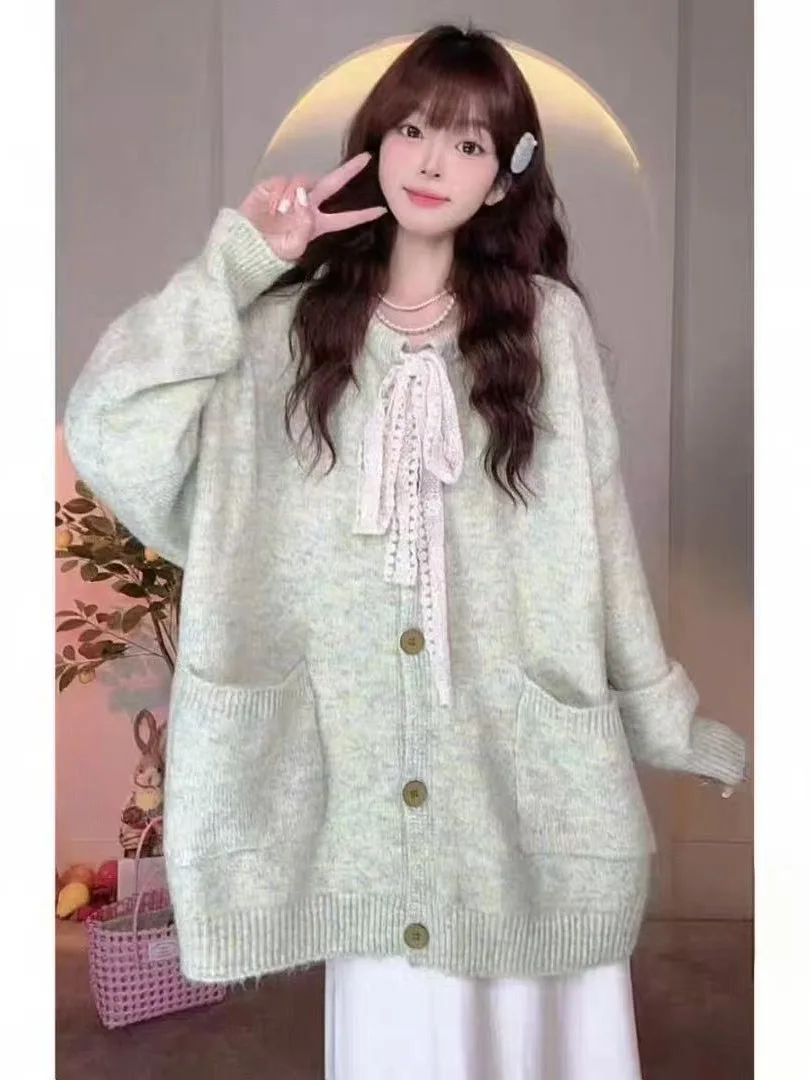 

Retro een Lace-Up Knitwear Coat Women's Autumn Winter Lazy High-End Feelings Mid-Length Knitted Open Cardigan