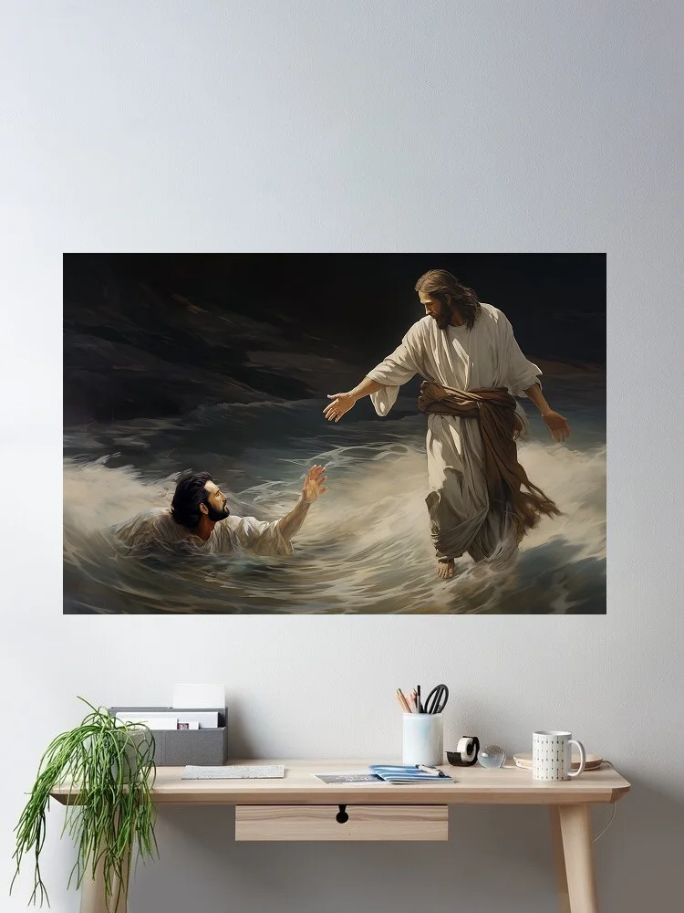 

Jesus Walking on Water, Print Art Canvas Poster, For Living Room Decor, Home Wall Picture