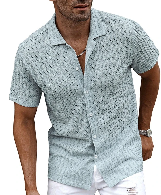 2026 Summer Men's New Lapel Button-up Shirt Cool Breathable Hole Design Casual T-shirt
