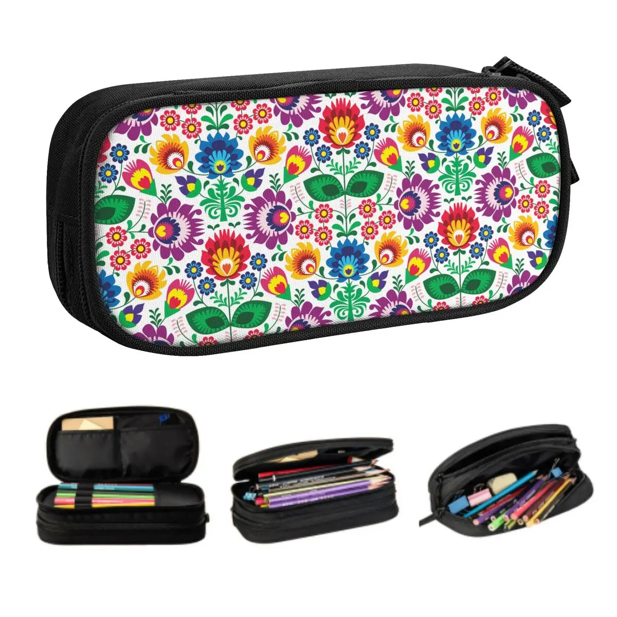 Custom Colourful Flowers Polish Floral Pattern Korean Pencil Case Girl Boy Big Capacity Pencil Box Students Stationery