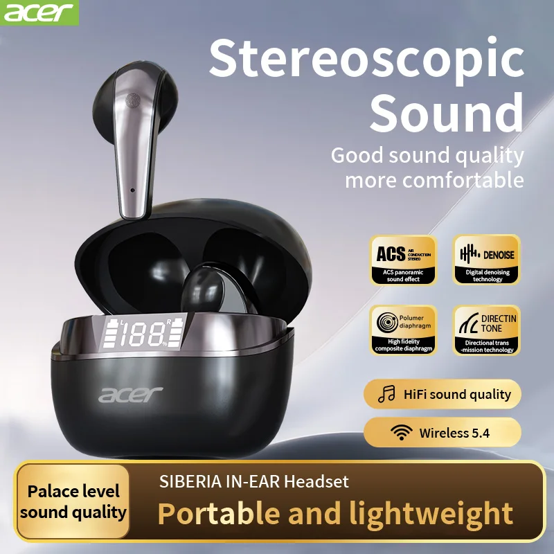 Acer e554 Bluetooth 5.3 kabellose Ohrhörer, TWS-Sportkopfhörer mit Mikrofon, Touch-Steuerung, wasserdicht, IPX7 Gaming-Kopfhörer mit geringer Latenz