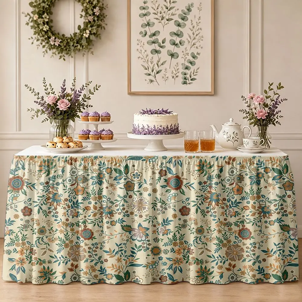 One-piece table skirt decoration with a vintage floral pattern and ruffled edge border