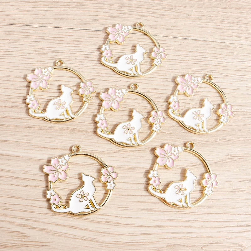 Tusember 10 Stück niedliche Emaille-Anhänger mit rosa Blumen-Katzen-Motiv für die Schmuckherstellung, Ohrringe, Halsketten, handgefertigte Accessoires – Detail 5