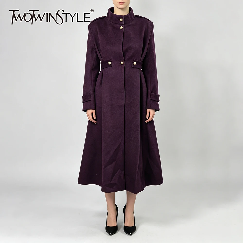 TWOTWINSTYLE Chic Premium Purple Coat Style Dress for Women Stand Collar Shoulder Tab Metal Button Tie Formal Office Daily Wears
