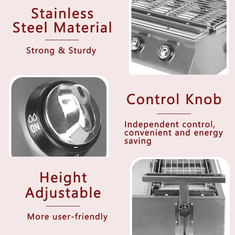 6 버너 바베큐 그릴 LPG 가스 그릴 무연 유리 쉴드 스테인레스 스틸 야외 피크닉 바베큐 조절 가능한 높이