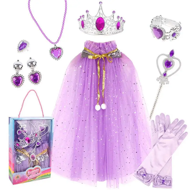 Princesa Dress Up Set para Meninas, Princesa Manto, Vestido de Jóias, Capa, Coroa, Pulseiras, Luvas, Varinha, 10Pcs