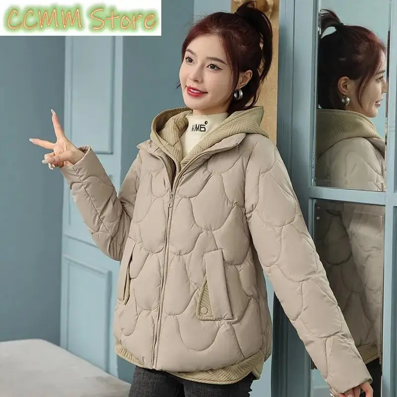 Hooded Parka Fake Two-Piece Down Cotton Clothes Women Short Corrugated Burr Thick Warm Cotton-Padded Jacket OutCoat Lady