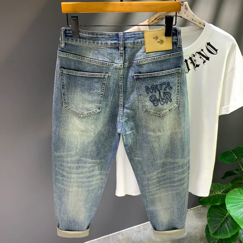 

2025 New Simple Design Scratched Simple Jeans Men's Embroidered Loose Casual Heavy Weight Denim Pants