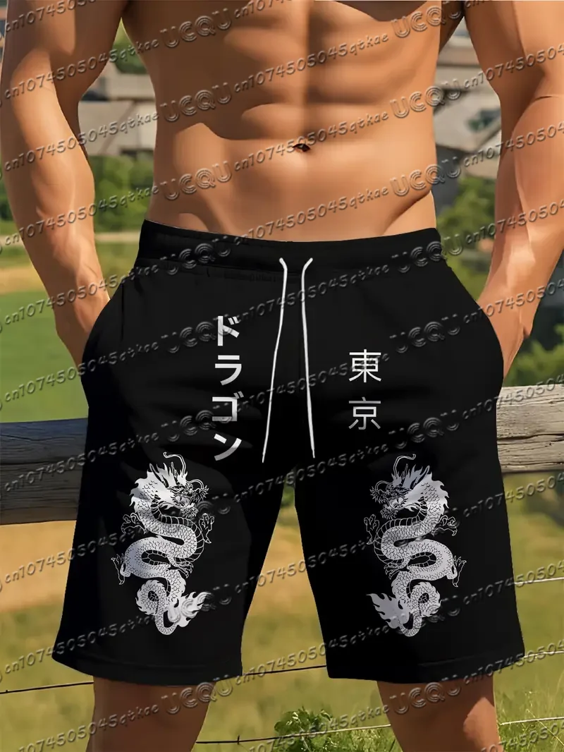 

Men's Japanese Style Dragon Print Beach Shorts Casual Unisex Gym Fitness Men's Summer Women Shorts Sport Beach Shorts
