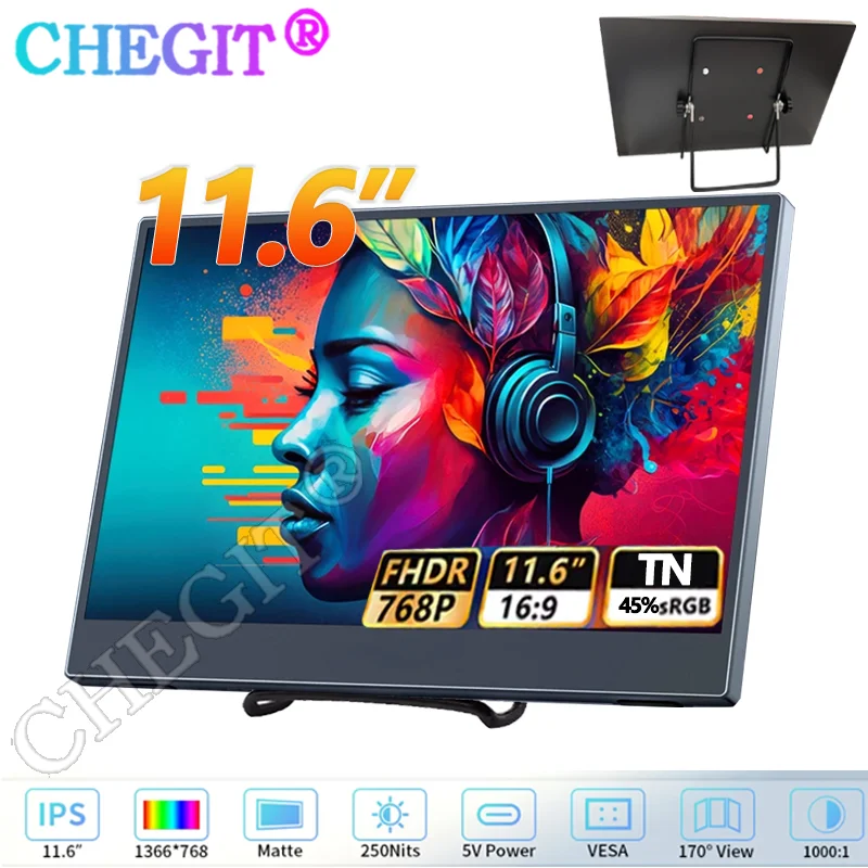 

11.6 Inch 768P Portable Monitor IPS Panel USB-C HDMI-Compatible Travelling Display VESA bracket hole for PC Laptop Xbox Switch
