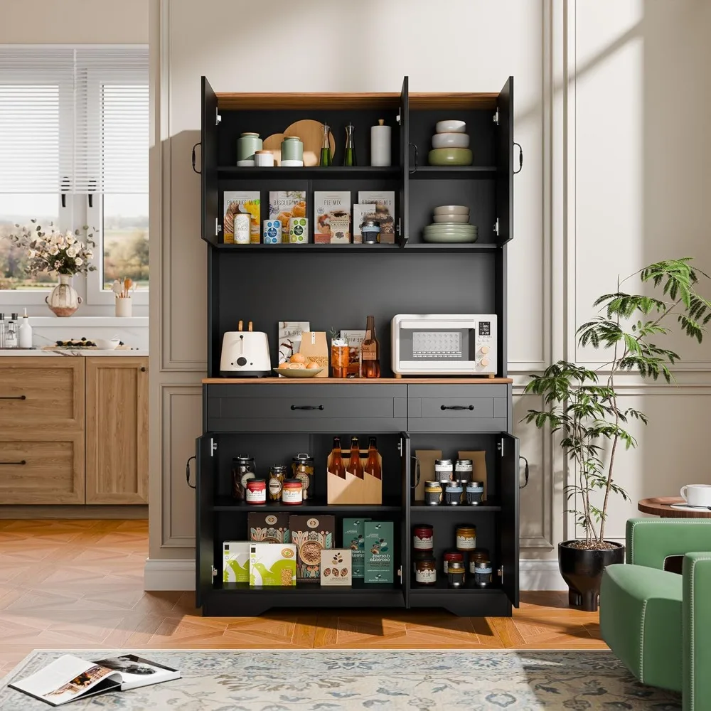 خزانة مطبخ بطول 71 بوصة مع أدراج ومخرج طاقة، وتخزين مخزن على طراز المزرعة، وبار قهوة خشبي كبير #6