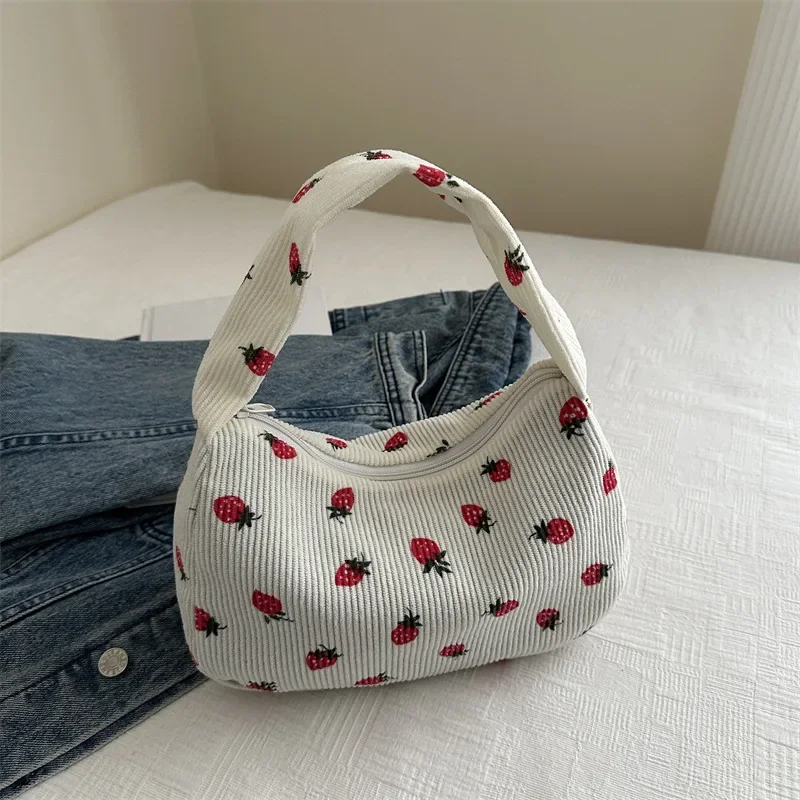 

Women Small Corduroy Handbag Cute Strawberry Print Little Tote Underarm Bag Half Moon Design Eco Cloth Purse Mini Shoulder Bags