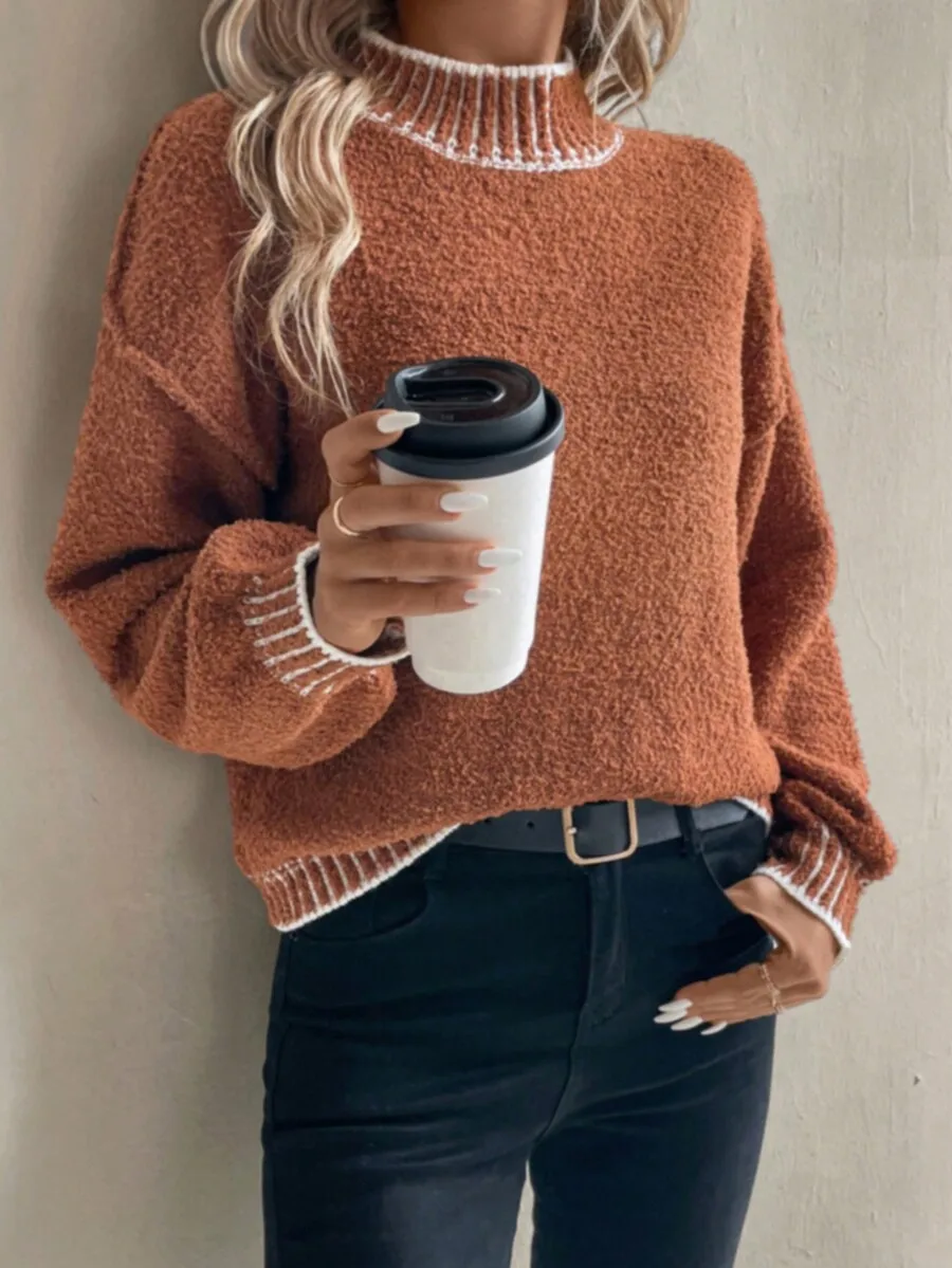 

Cozy Fleece Pullover Sweater with Ribbed Trim, Loose Fit for Casual Autumn Winter Wear