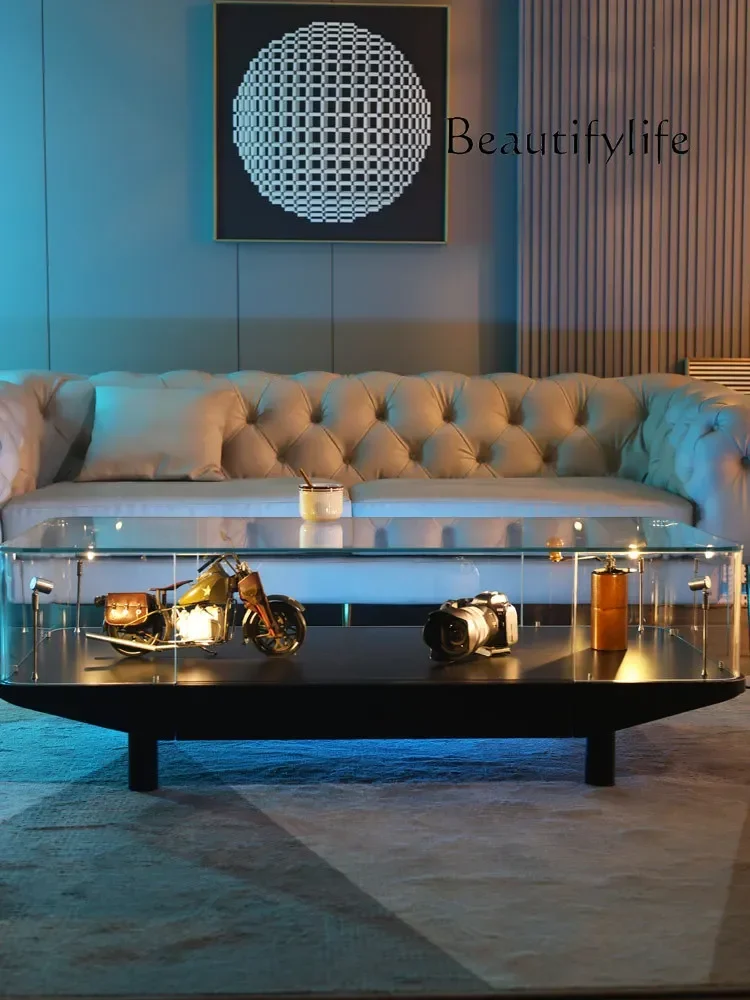 S Modern High-end Glass Coffee Table Small Apartment Living Room Furniture With Lamp Ultra-white Glass Display Cabinet