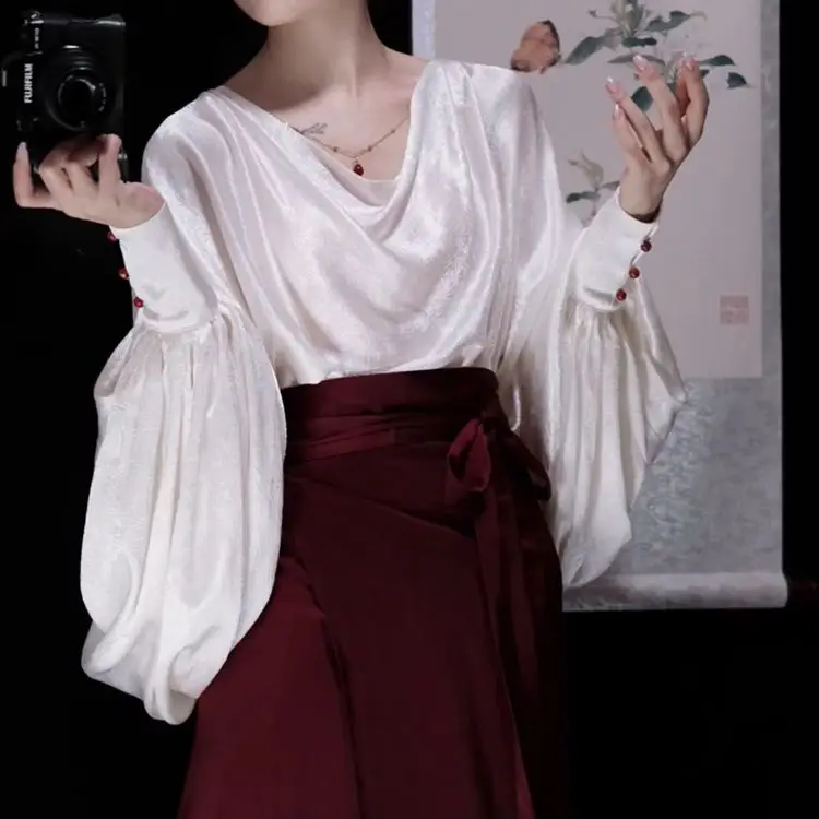 French high-end small fragrant white satin shirt for women in spring, unique  shirt, acetic acid top for summer