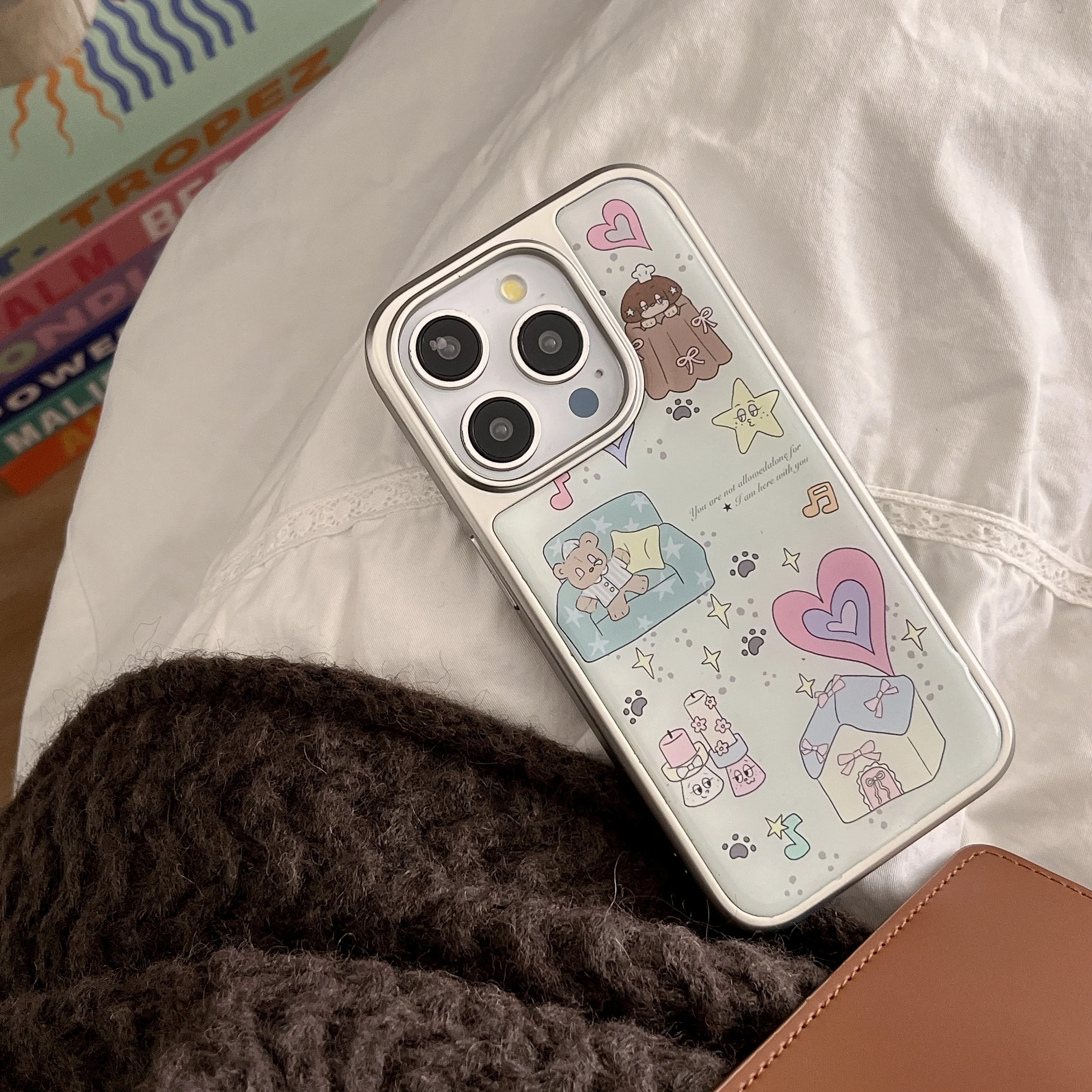 Cartoon INS Electroplated Frame Bear & House Shockproof Phone Case for iPhone 16 15 14 13 Pro Max Back Phone Cover Capa