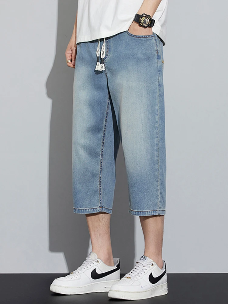 

Мужские летние тонкие свободные повседневные джинсы в американском стиле ретро, брюки на семь футов, дышащие, крутые, широкие прямые брюки-трубы